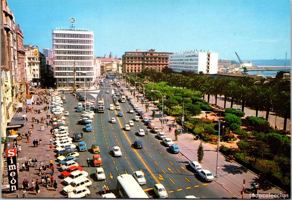 Postales: La Coru&ntilde;a - Cant&oacute;n Grande y Jardines de M&eacute;ndez N&uacute;&ntilde;ez - Troleb&uacute;s 2 pisos x2 - Banco Central