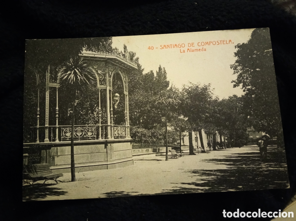 Postales: Antigua postal fotogr&aacute;fica, Santiago de Compostela, La Alameda, sellada y matasellada en 1921