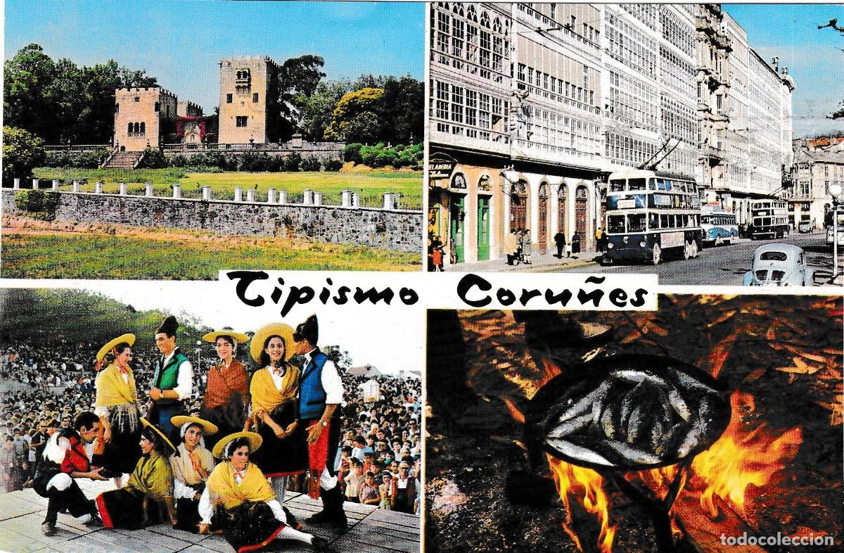 Postales: Tipismo Coru&ntilde;&eacute;s - Pazo Meir&aacute;s-Galer&iacute;as Marina-Coro-Sardinas -Gif 22- 153x100mm - Troleb&uacute;s 2 pisos x2