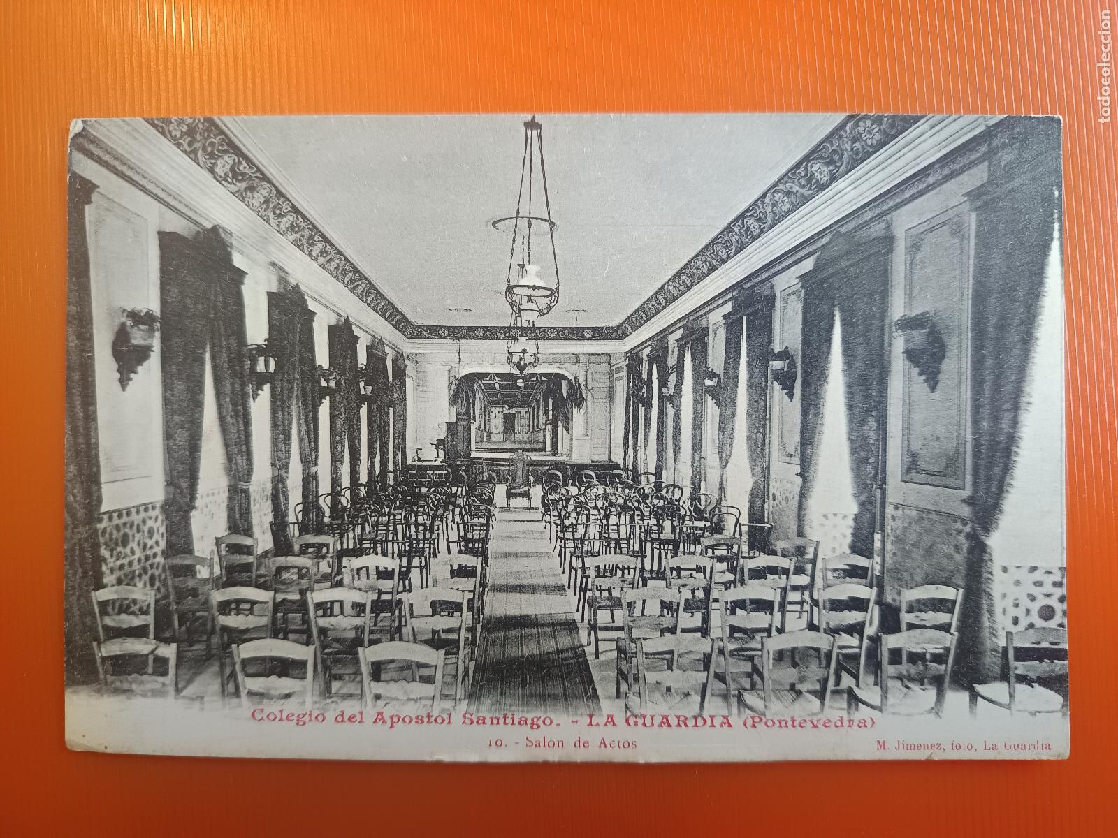 Postales: POSTAL LA GUARDIA PONTEVEDRA COLEGIO DEL APOSTOL SANTIAGO 10 SALON DE ACTOS, M. JIMENEZ