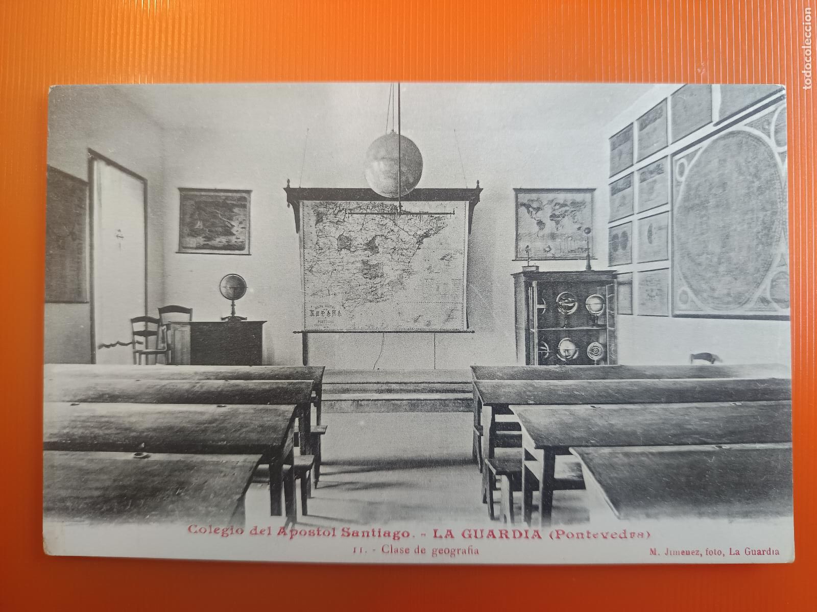Postales: POSTAL LA GUARDIA PONTEVEDRA COLEGIO DEL APOSTOL SANTIAGO 11, CLASE DE GEOGRAFIA, M. JIMENEZ