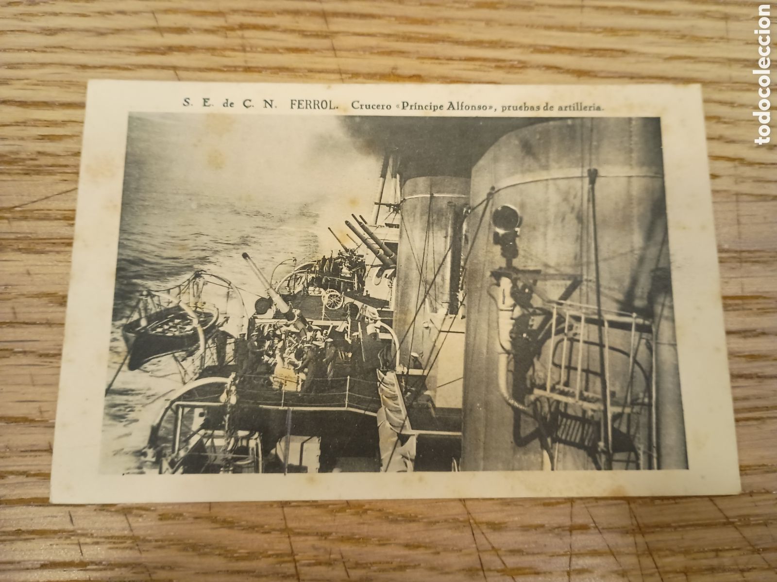 Postales: LA CORU&Ntilde;A - S. E. DE C. N. FERROL - CRUCERO PR&Iacute;NCIPE ALFONSO, PRUEBAS DE ARTILLER&Iacute;A
