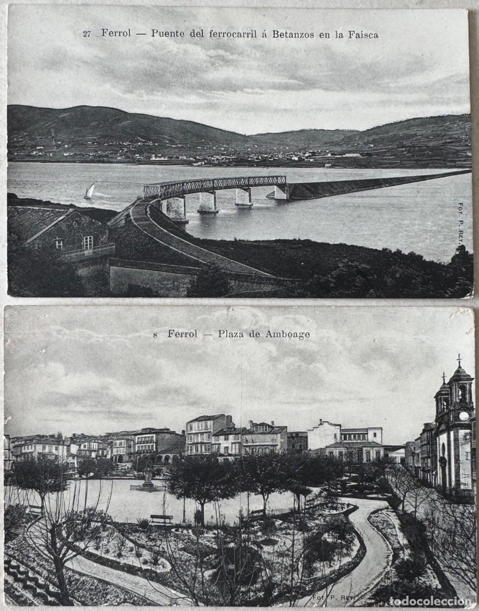 Postales: DOS POSTALES DE FERROL - LA CORU&Ntilde;A - PLAZA AMBOAGE - PUENTE FERROCARRIL A BETANZOS - FOT. P. REY