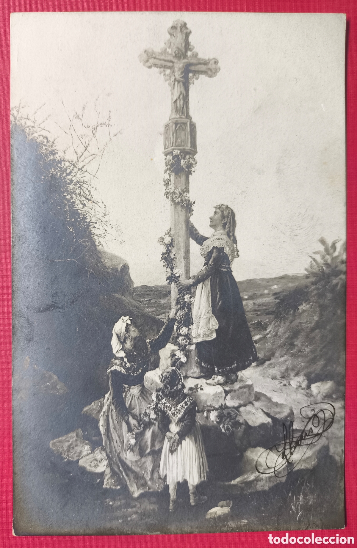Postales: GALICIA ETNOGRAFIA CRUCEIRO ESCENA ANIMADA POSTAL 1911