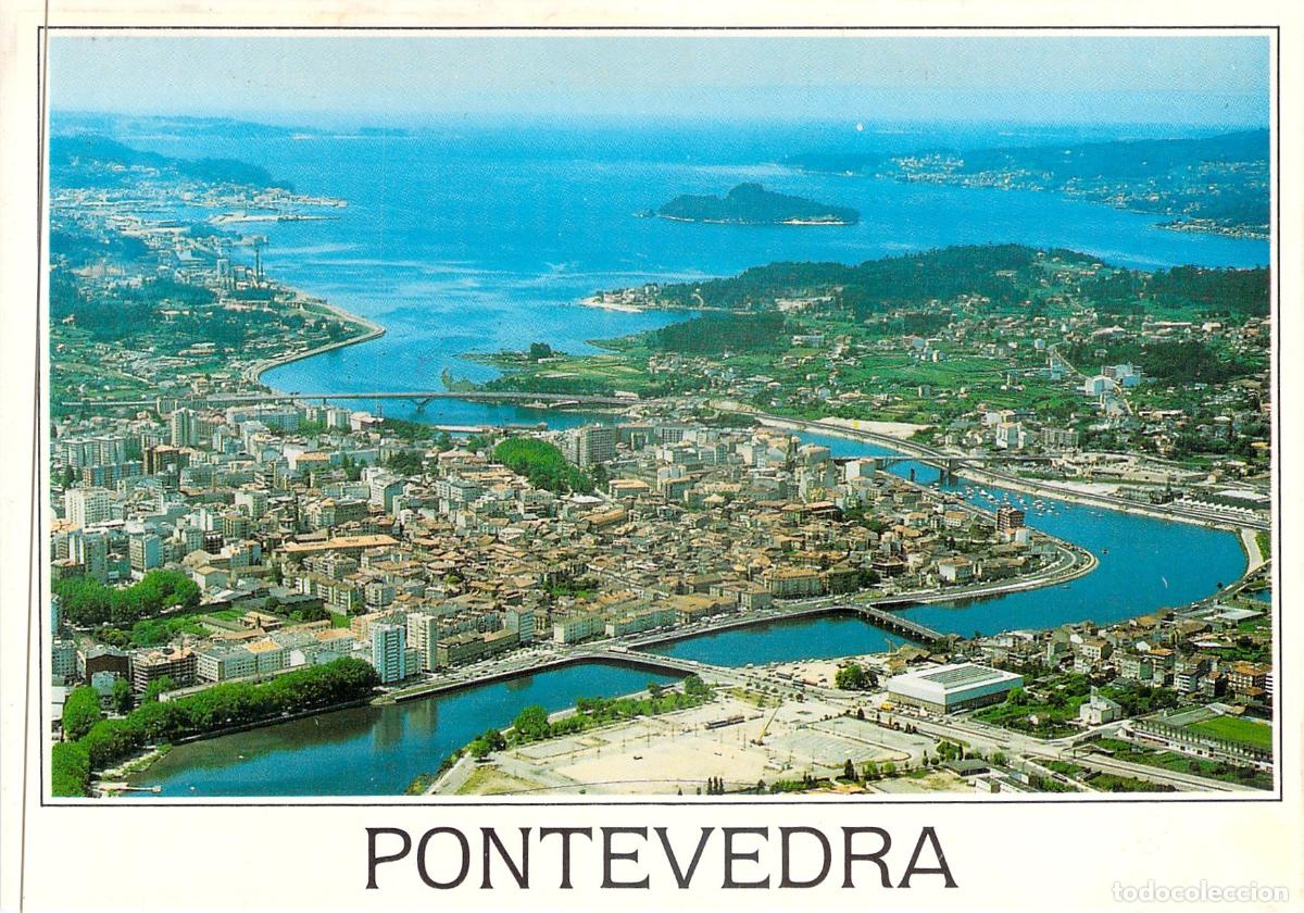 Postales: Postal de Pontevedra: Vista A&eacute;rea Panor&aacute;mica de la Ciudad y el R&iacute;o