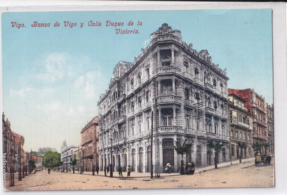 Postales: Vigo Banco de Vigo y Calle Duque de la Victoria. Purger 5027 Reverso dividido.