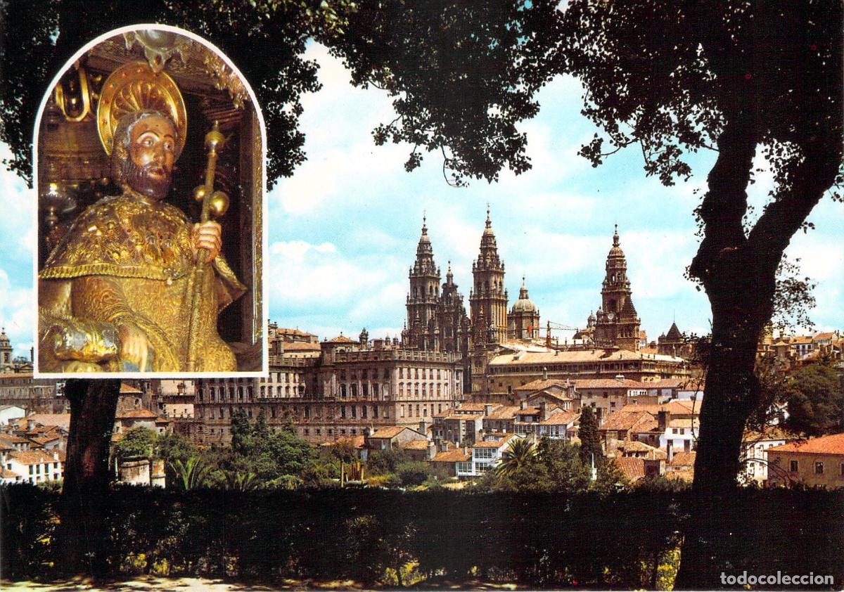 Postales: Postal de Santiago de Compostela con Catedral y Estatua del Ap&oacute;stol