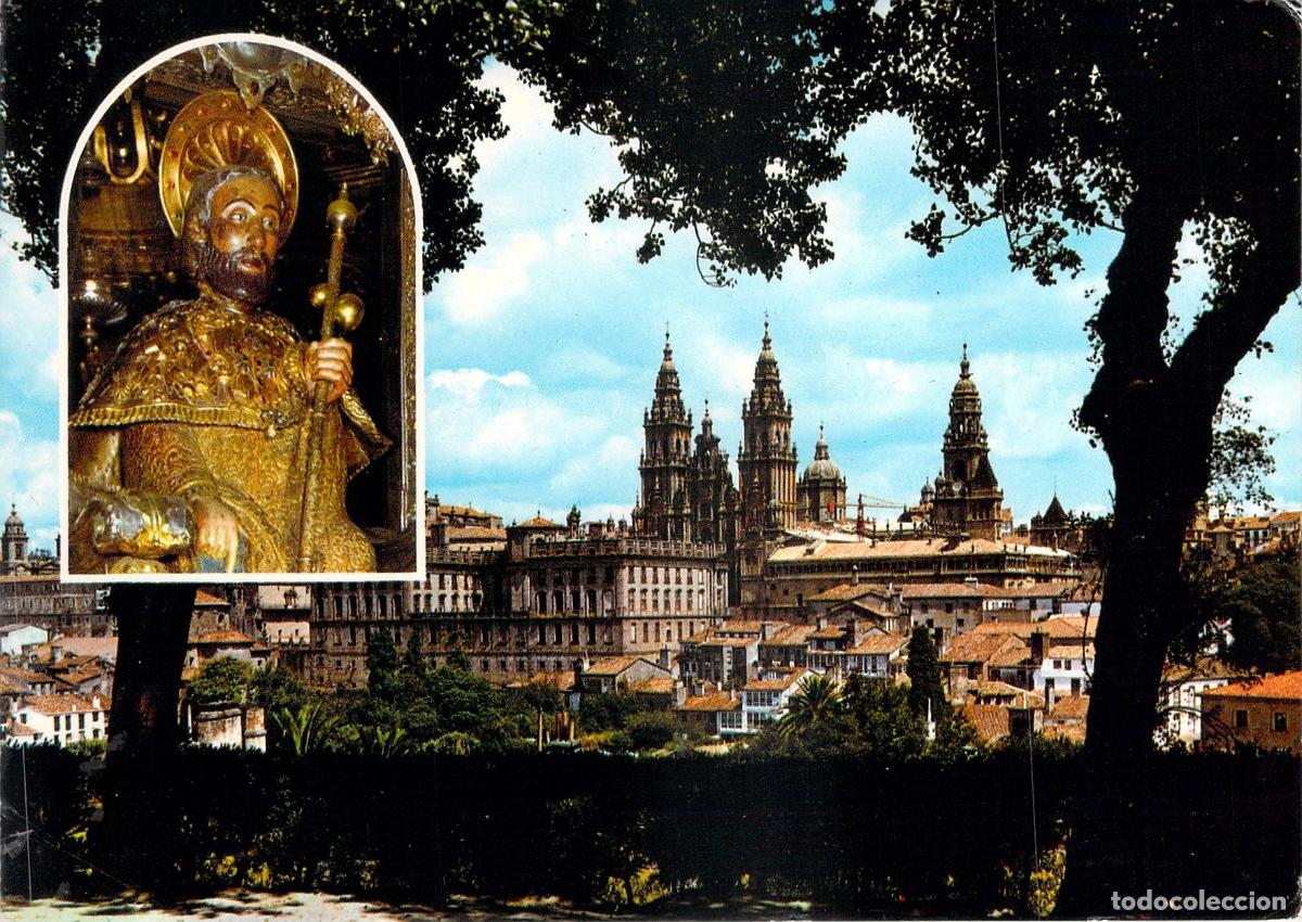 Postales: Postal de Santiago de Compostela con Catedral y Estatua del Ap&oacute;stol