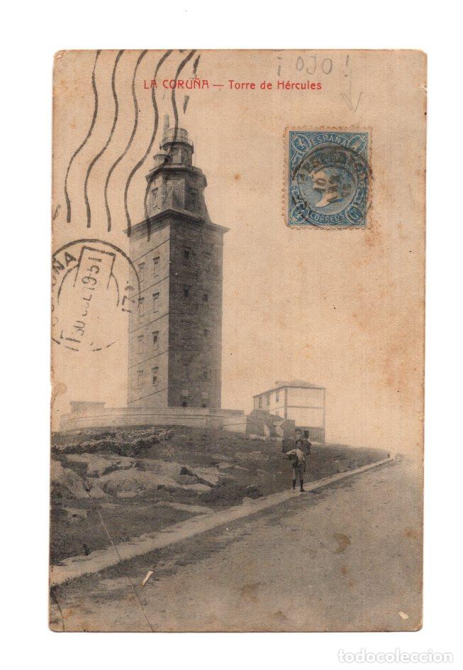 Postales: LA CORU&Ntilde;A.- TORRE DE HERCULES. SELLO POSTAL CL&Aacute;SICO, EMITIDO DURANTE EL REINADO DE ISABEL II.
