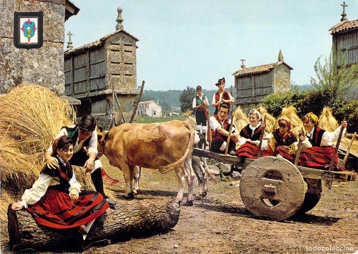 Postales: Postal de Galicia Tradicional con Trajes T&iacute;picos y Carro de Bueyes