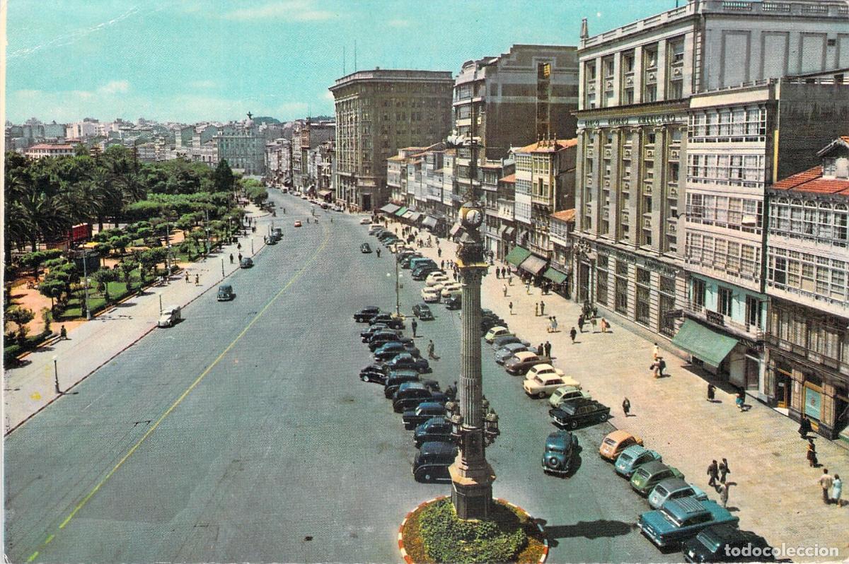 Postales: Postal de La Coru&ntilde;a: Obelisco y Avenida de los Cantones