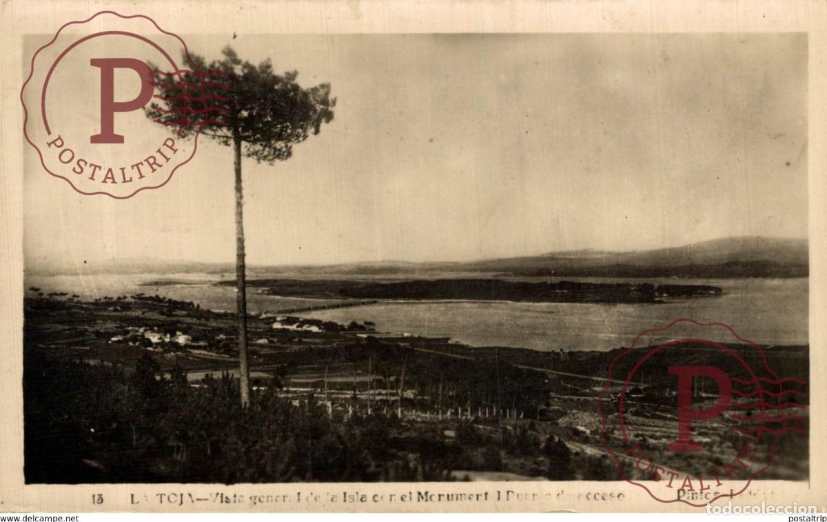Cartoline: LA TOJA VISTA GENERAL DE LA ISLA CON EL MONUMENTO Y PUENTE DE ACCESO GALICIA ESPA&Ntilde;A ESPAGNE