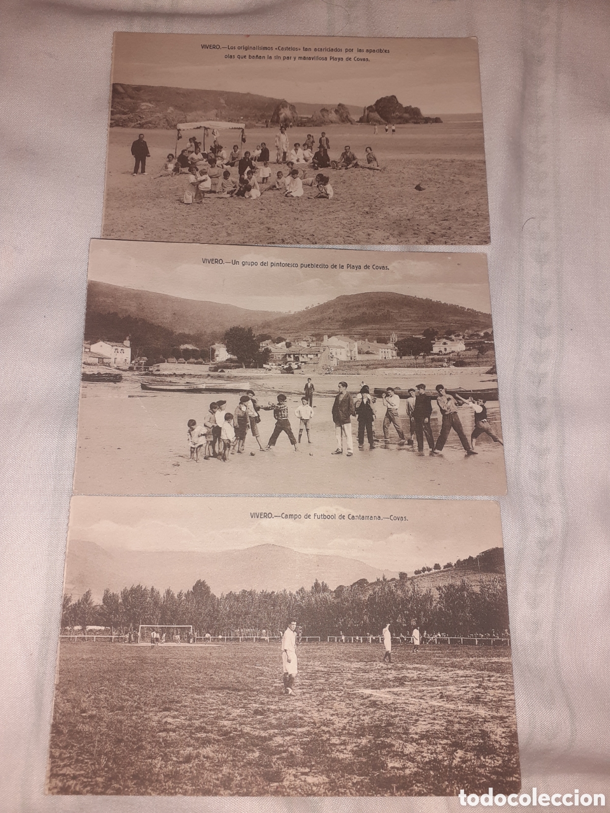 Postales: LOTE &sup3; POSTALES VIVERO. LUGO. PLAYA COVAS Y CAMPO FUTBOL CANTARRANA