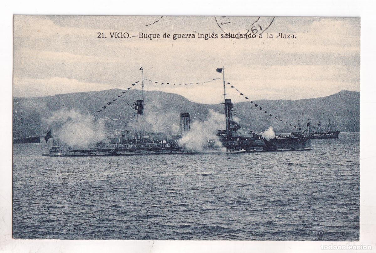 Postales: POSTAL. 21. VIGO. BUQUE DE GUERRA INFL&Eacute;S SALUDANDO A LA PLAZA. 1925. PONTEVEDRA