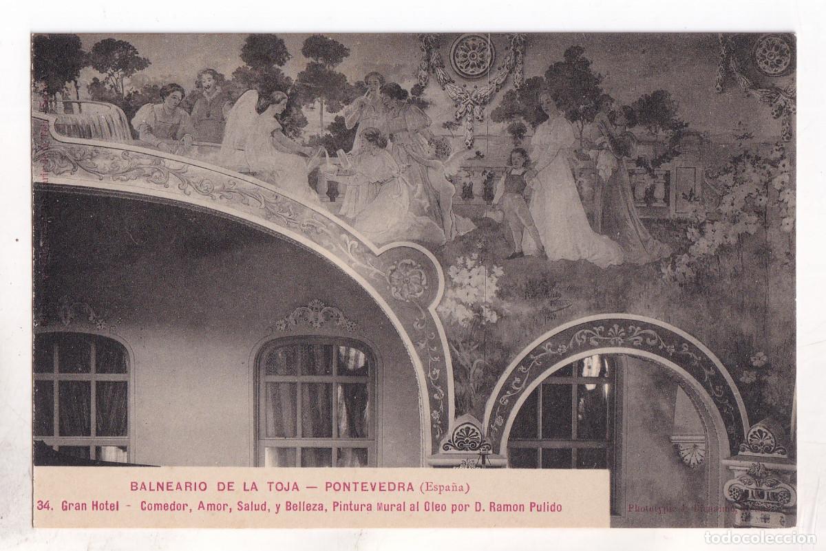Postales: POSTAL. BALNEARIO DE LA TOJA. 34. GRAN HOTEL. COMEDOR. PINTURA POR RAM&Oacute;N PULIDO. PONTEVEDRA.