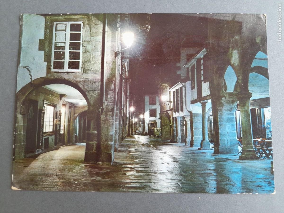 Postales: Postal Santiago de compostela -15- r&uacute;a del villar, nocturna, publicidad farmac&eacute;utica a&ntilde;os 60 aprox