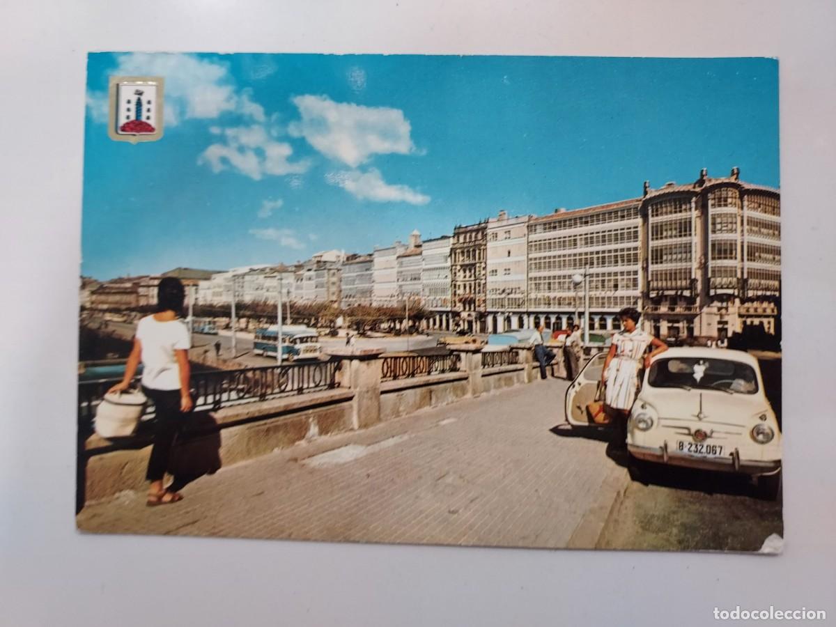 Postales: POSTAL LA CORU&Ntilde;A PASEO DE LA DARSENA. 1963. CIRCULADA. SEAT 600 MATRICULA BARCELONA