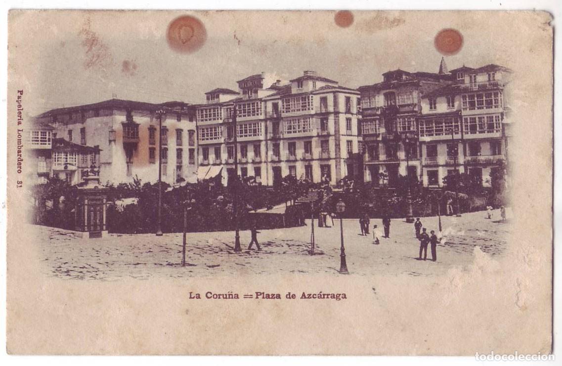 Postales: La Coru&ntilde;a: Plaza de Azc&aacute;rraga. Papeler&iacute;a Lombardero. Sin dividir. No circulada (Anterior a 1905)