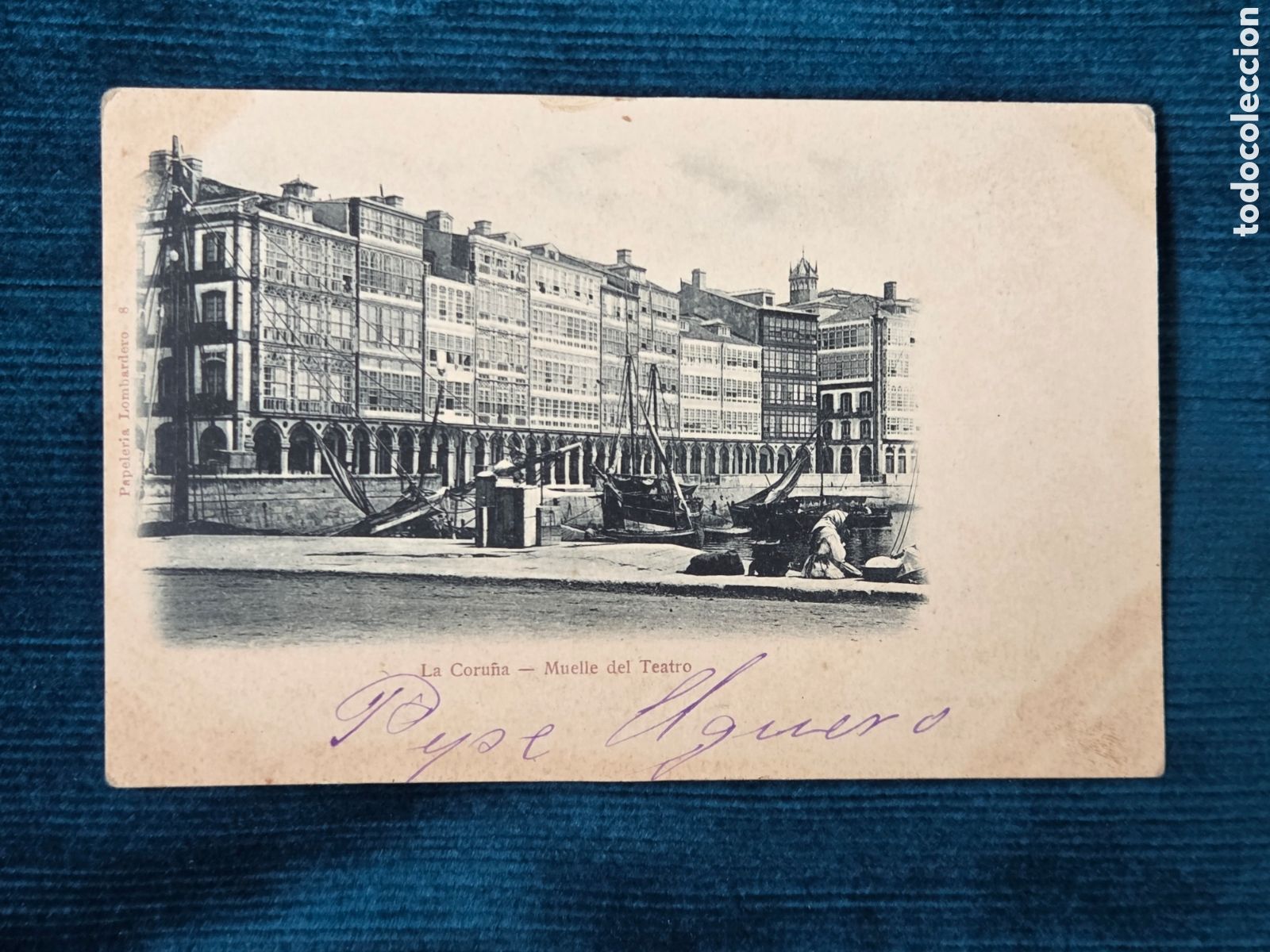 Postales: La Coru&ntilde;a. C. 1900 Muelle del Teatro. Papeler&iacute;a Lombardero 8