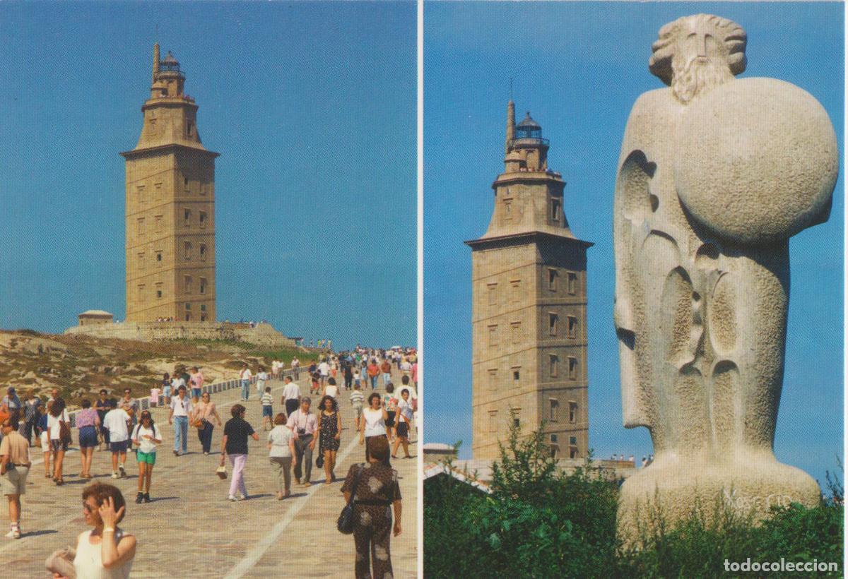 Postales: LA CORU&Ntilde;A, SUBIDA A LA TORRE Y ESTATUA DE BREOG&Aacute;N AL FONDO TORRE DE HERCULES &ndash; FOTO BLANCO &ndash; S/C