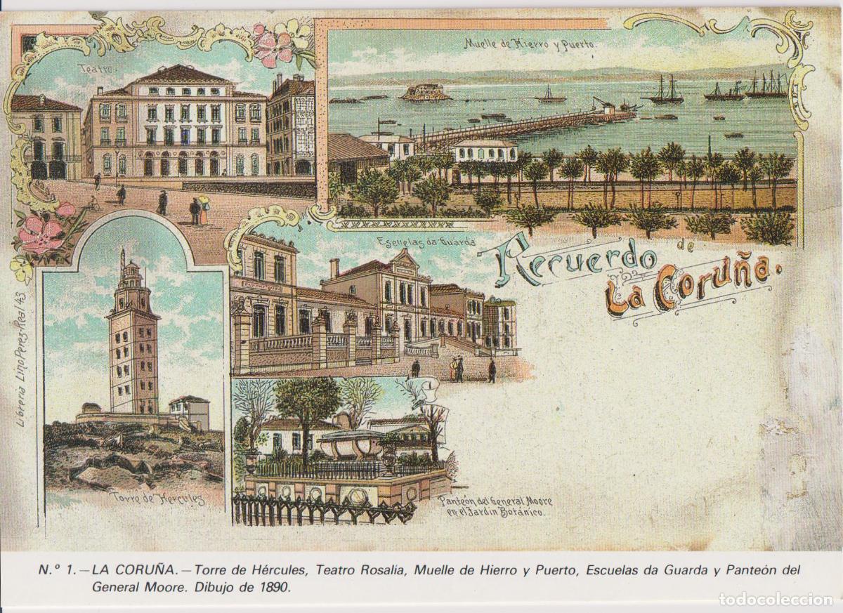 Postales: LA CORU&Ntilde;A, TORRE DE HERCULES, TEATRO ROSALIA, MUELLE DE HIERRO, A&Ntilde;O 1890 &ndash; LIBRERIA ARENAS N&ordm;1 &ndash; SC
