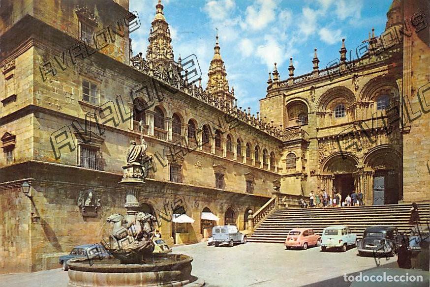 Postales: Fuente y fachada de las Plater&iacute;as de Santiago de Compostela (Coru&ntilde;a) - Sin circular, a&ntilde;os 60