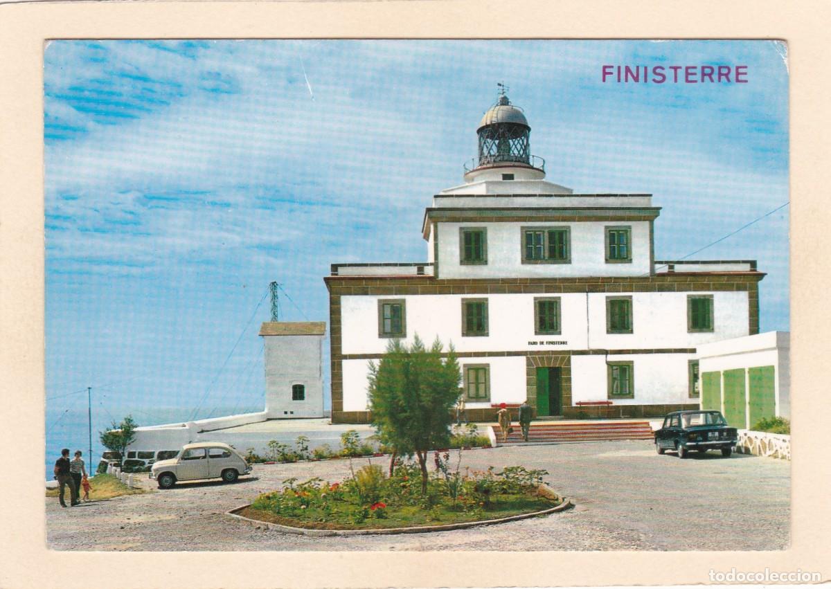 Postales: FINISTERRE (LA CORU&Ntilde;A). FARO (1972) - SELLO/CU&Ntilde;O DEL FARO (REVERSO) - COCHES SEAT 600 Y 1430