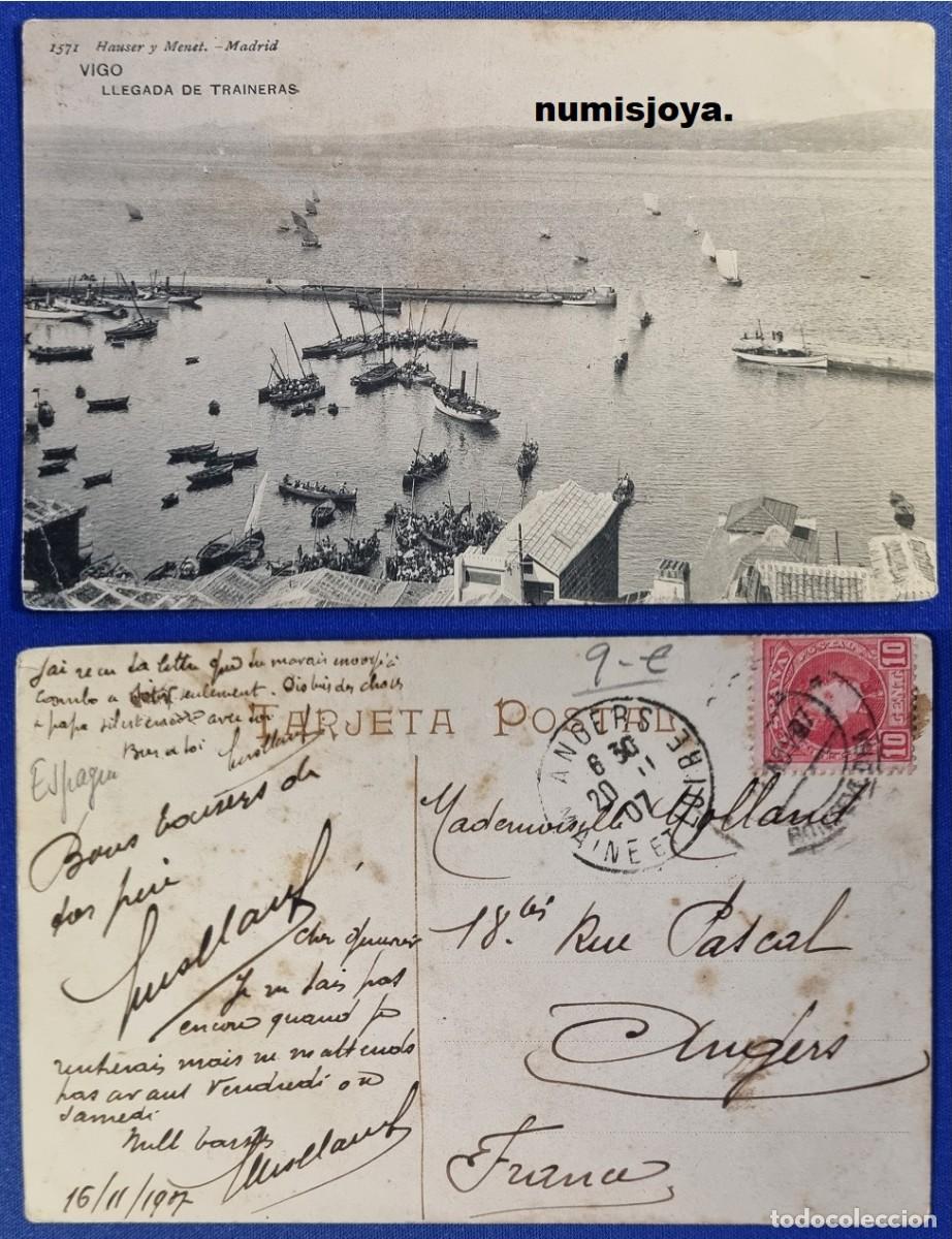 Postales: Postal de VIGO Pontevedra (Espa&ntilde;a) a&ntilde;o 1900. LLEGADA DE TRAINERAS. HAUSER MENET. Escrita en 1907.