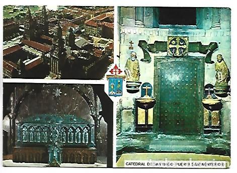 Postales: CATEDRAL (AEREA) - URNA DEL APOSTOL - PUERTA SANTA.- SANTIAGO DE COMPOSTELA