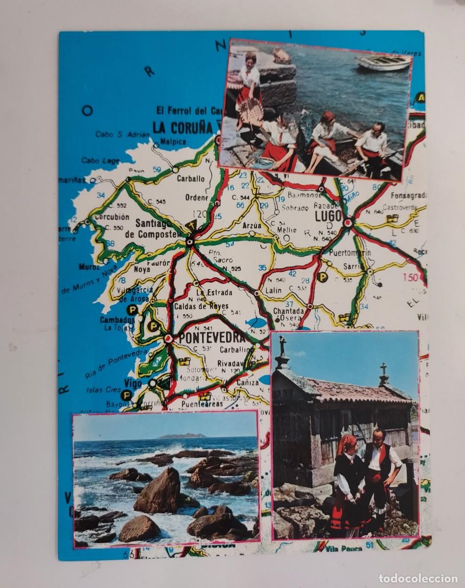 Postales: POSTAL MAPA DE CARRETERAS DE GALICIA. MOTIVOS. 1969. ESCRITA. CORU&Ntilde;A LUGO PONTEVEDRA