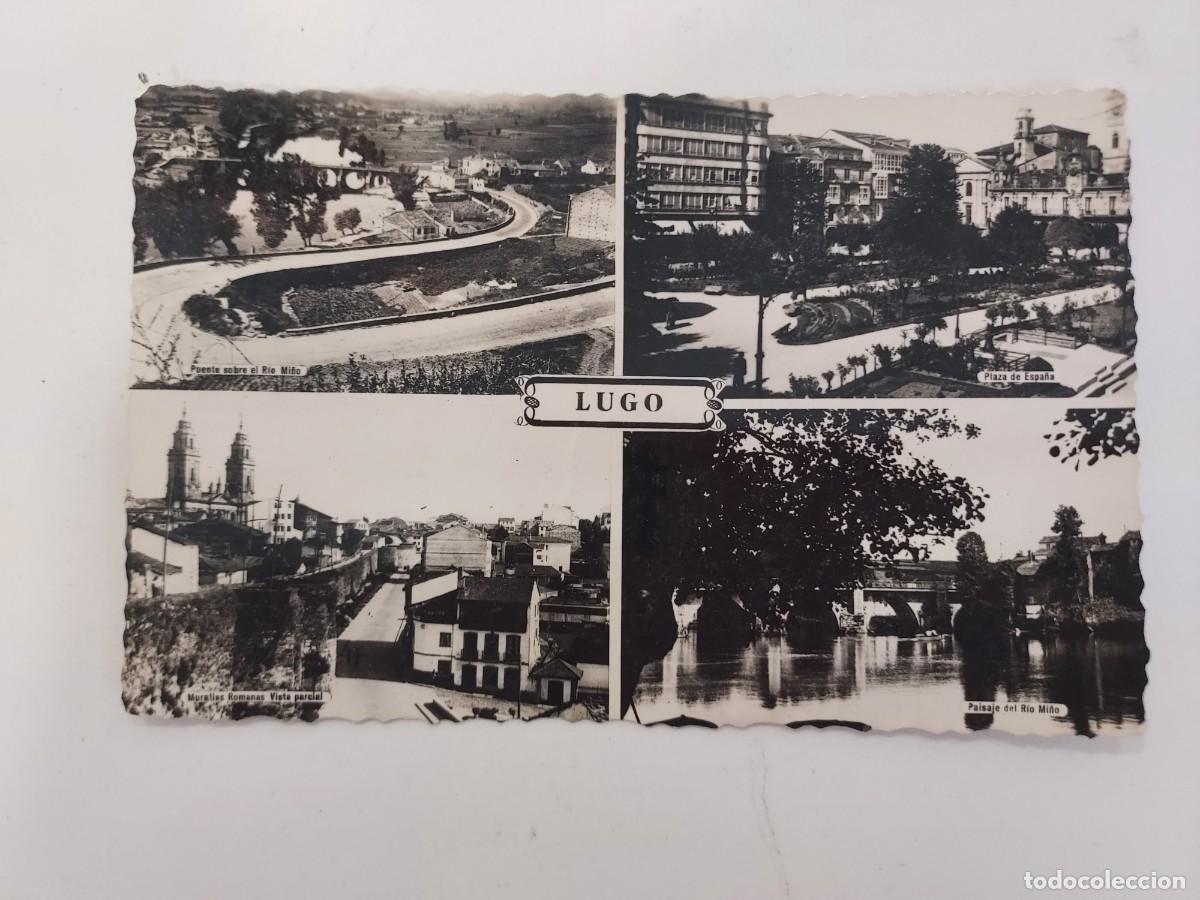 Postales: POSTAL LUGO DIVERSOS ASPECTOS PUENTE MURALLAS PLAZA. ESCRITA A&Ntilde;OS 1950. ARRIBAS. LUGO