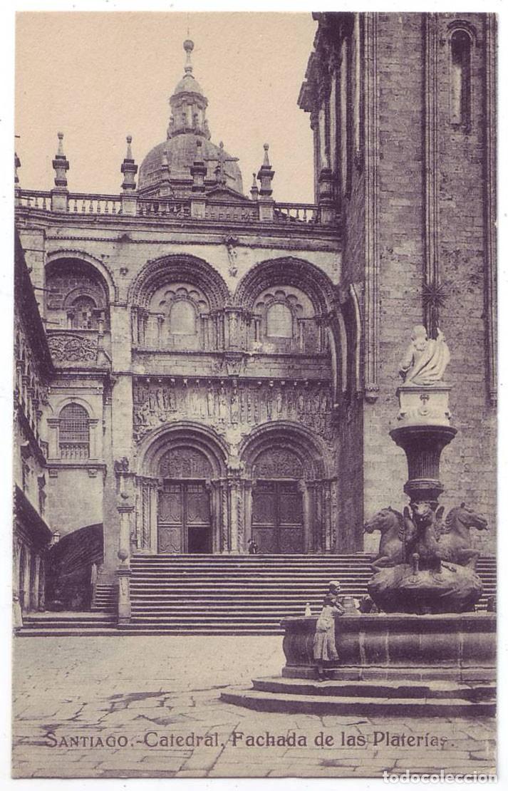 Postales: Santiago de Compostela: Catedral. Fachada de las Plater&iacute;as. El Sol,Papeler&iacute;a. No circulada (A&ntilde;os 10)