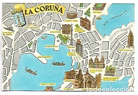 Postales: MAPA CON MONUMENTOS.- LA CORU&Ntilde;A