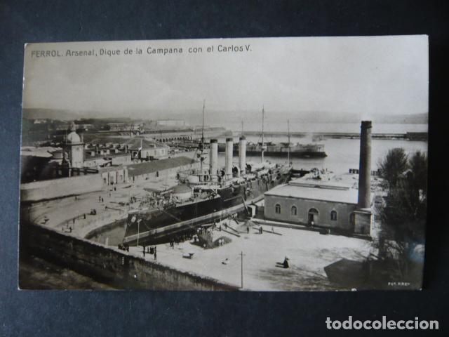 Postais: FERROL LA CORU&Ntilde;A ARSENAL DIQUE DE LA CAMPANA CON EL CARLOS V POSTAL FOTOGRAFICA ED EL CORREO GALLEGO