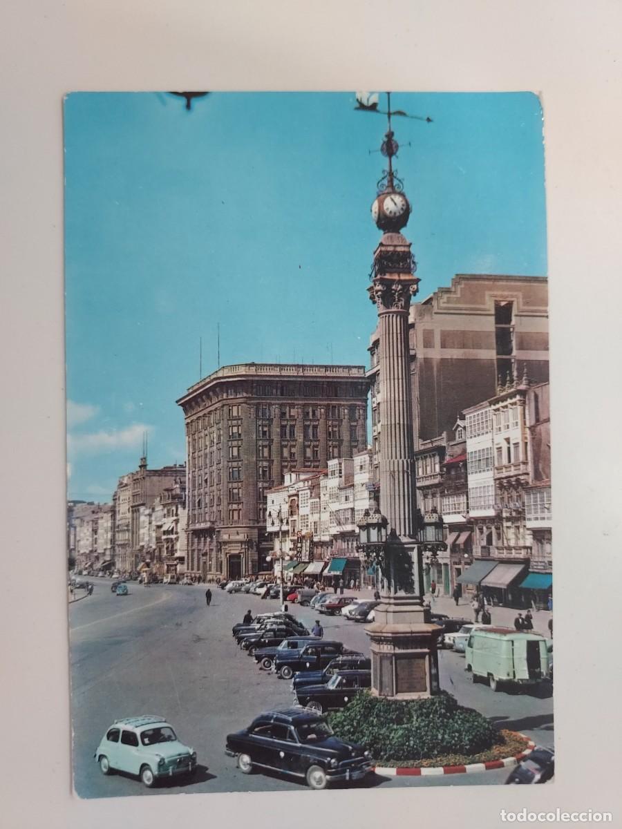 Postales: POSTAL LA CORU&Ntilde;A OBELISCO DE LOS CANTONES. CIRCULADA. SEAT 600