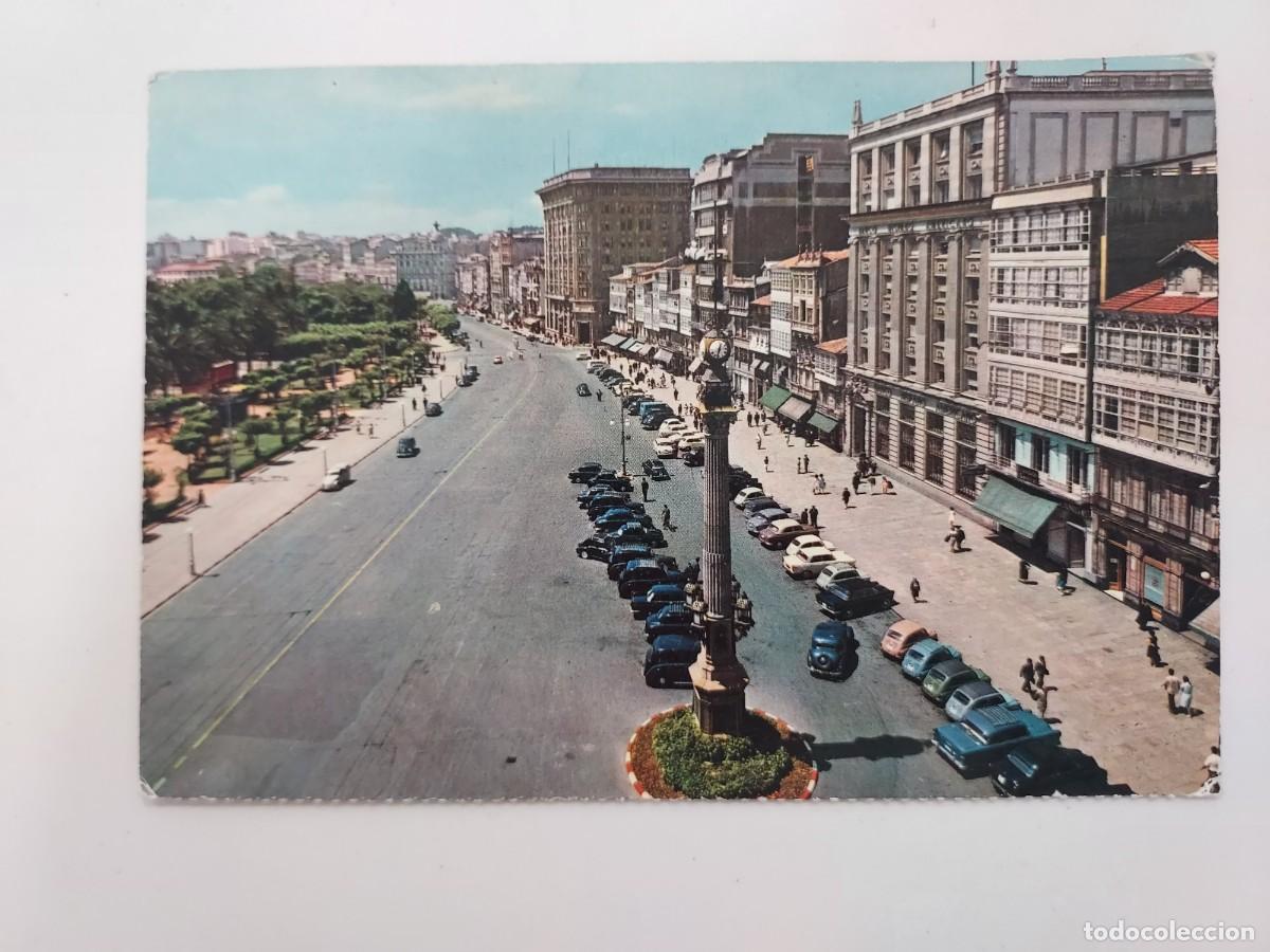 Postales: POSTAL LA CORU&Ntilde;A OBELISCO Y AVENIDA DE LOS CANTONES. 1964. SIN CIRCULAR. SEAT 600