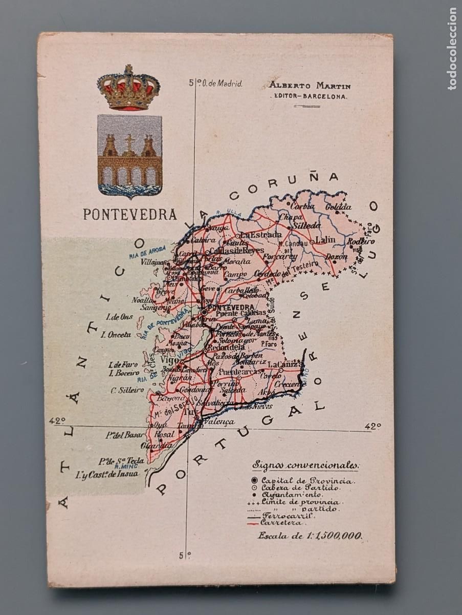 Postales: POSTAL MAPA PONTEVEDRA GALICIA EDIC ATLAS GEOGRAFICO DE ESPA&Ntilde;A Y PORTUGAL PERFECTA CONSERVACION