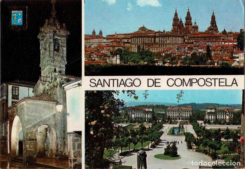 Postales: Postal Coru&ntilde;a. Santiago de Compostela. Iglesia de Salom&eacute;. Vista general. Alameda y Residencia de Est
