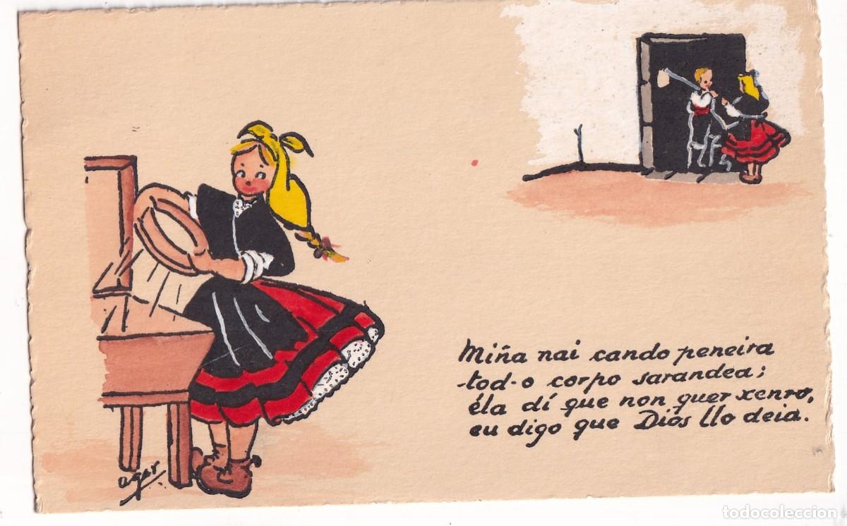 Postales: Postal en gallego, ilustrada tipos populars: Mi&ntilde;a nai cando peneira ... Circulada.