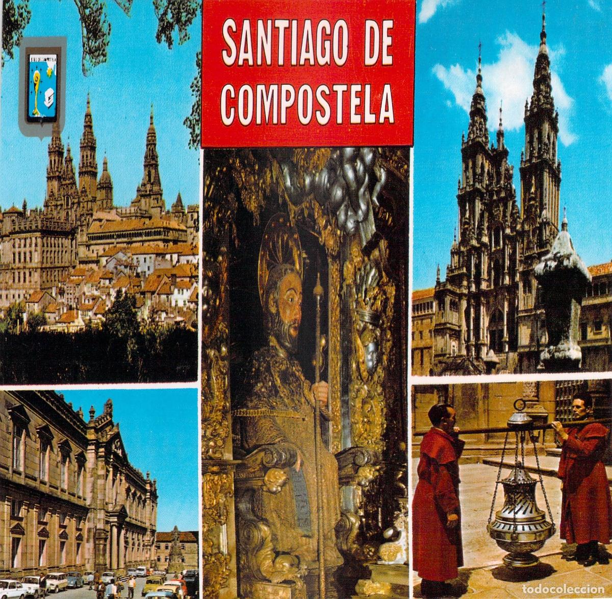 Postales: Postal de Santiago de Compostela con diversos monumentos y el Botafumeiro
