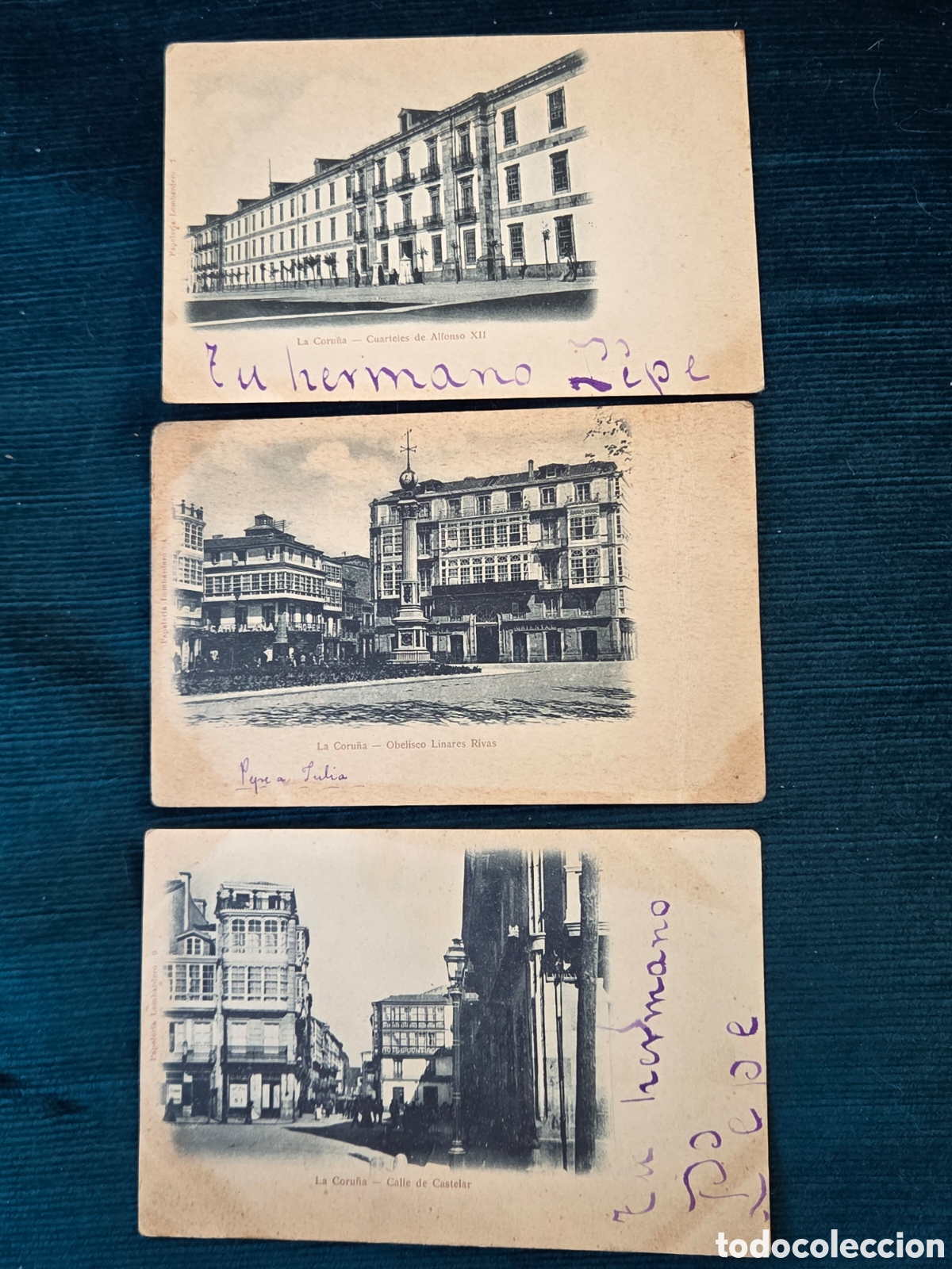 Postcards: LA CORU&Ntilde;A C. 1900 LOTE 3 POSTALES, Obelisco Linares, Cuarteles y calle Castelar.