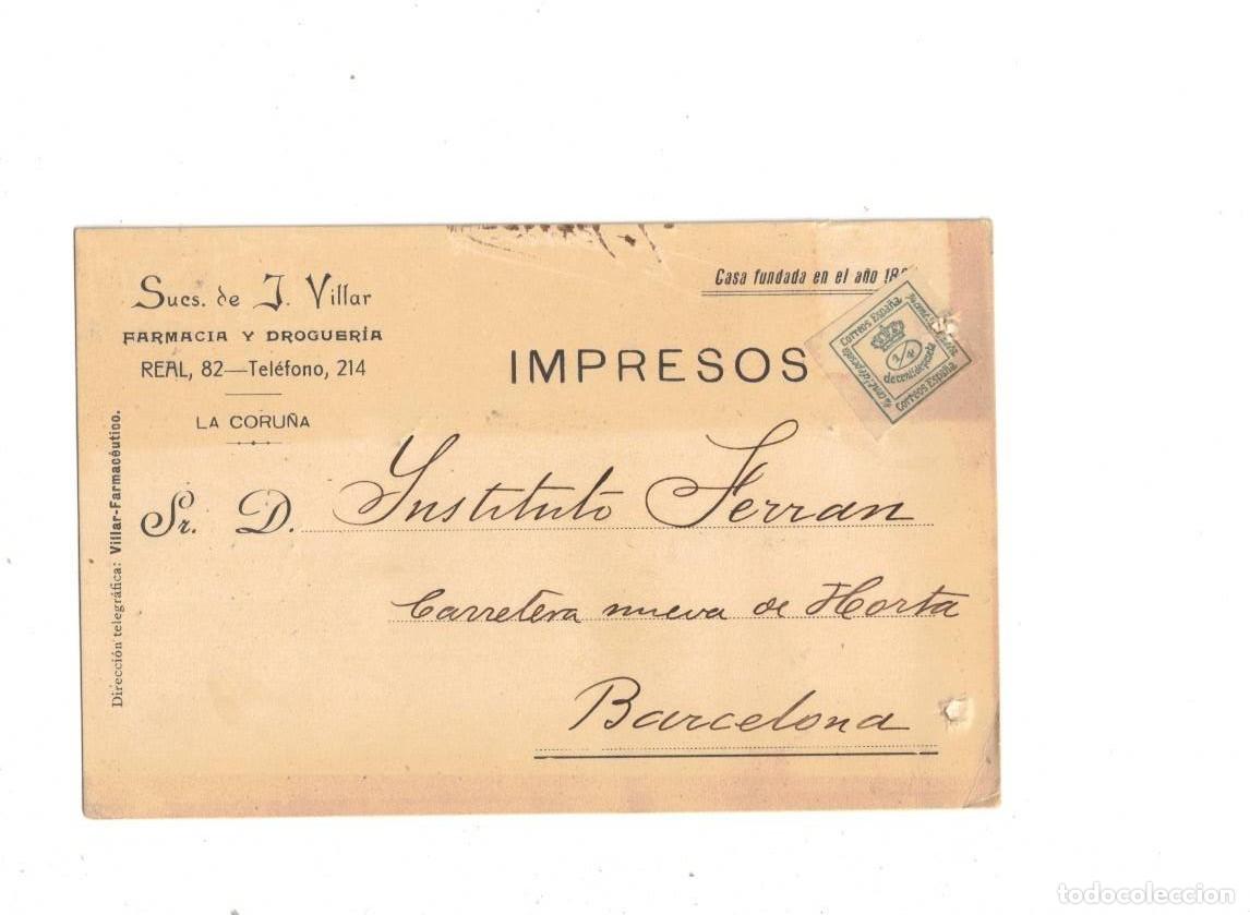 Postales: LA CORU&Ntilde;A. FARMACIA Y DROGUERIA. SUC. DE J. VILLAR 1915