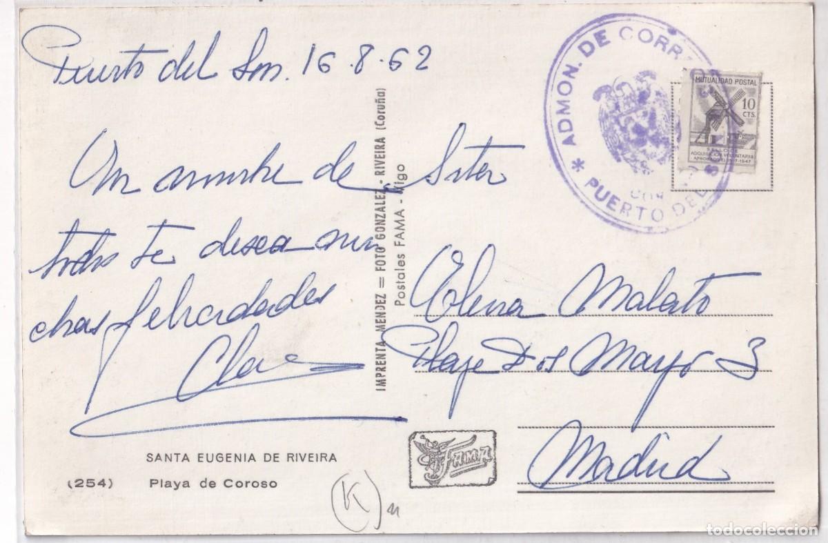 Postais: Santa Eugenia de Riveira. Playa de coroso curioso matasello Puerto del Son. A&ntilde;o 1962