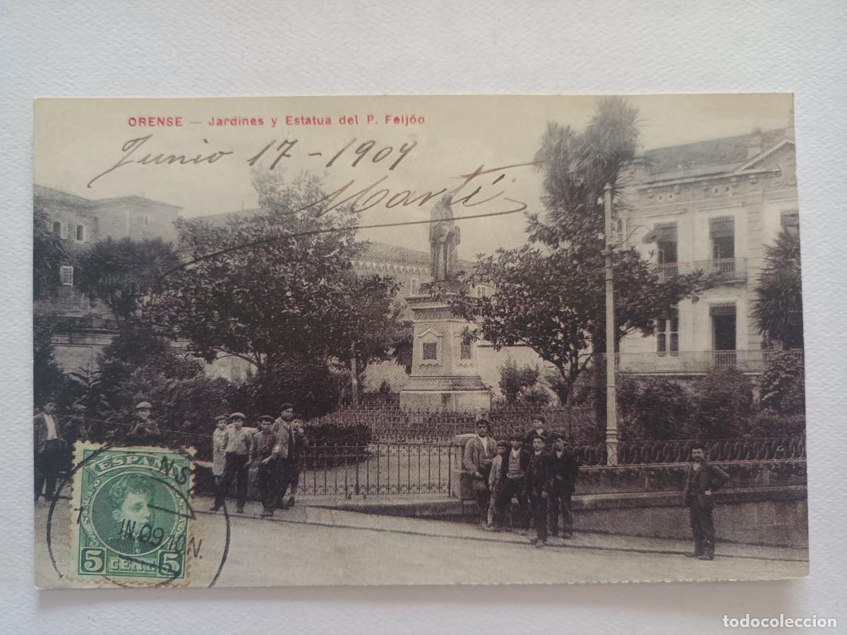 Postales: ORENSE. JARDINES Y ESTATUA DEL P. FEIJOO - REPRODUCCION DIARIO DE PONTEVEDRA Y FUNDACION CAIXA GALIC