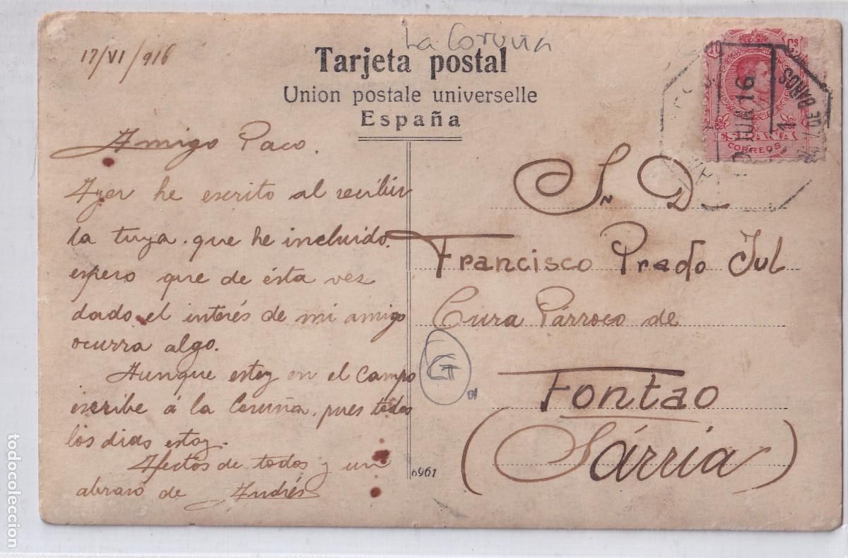 Postales: Postal fotogr&aacute;fica enviada en 1916 a Fontao Sarria Coru&ntilde;a. Ambulante.