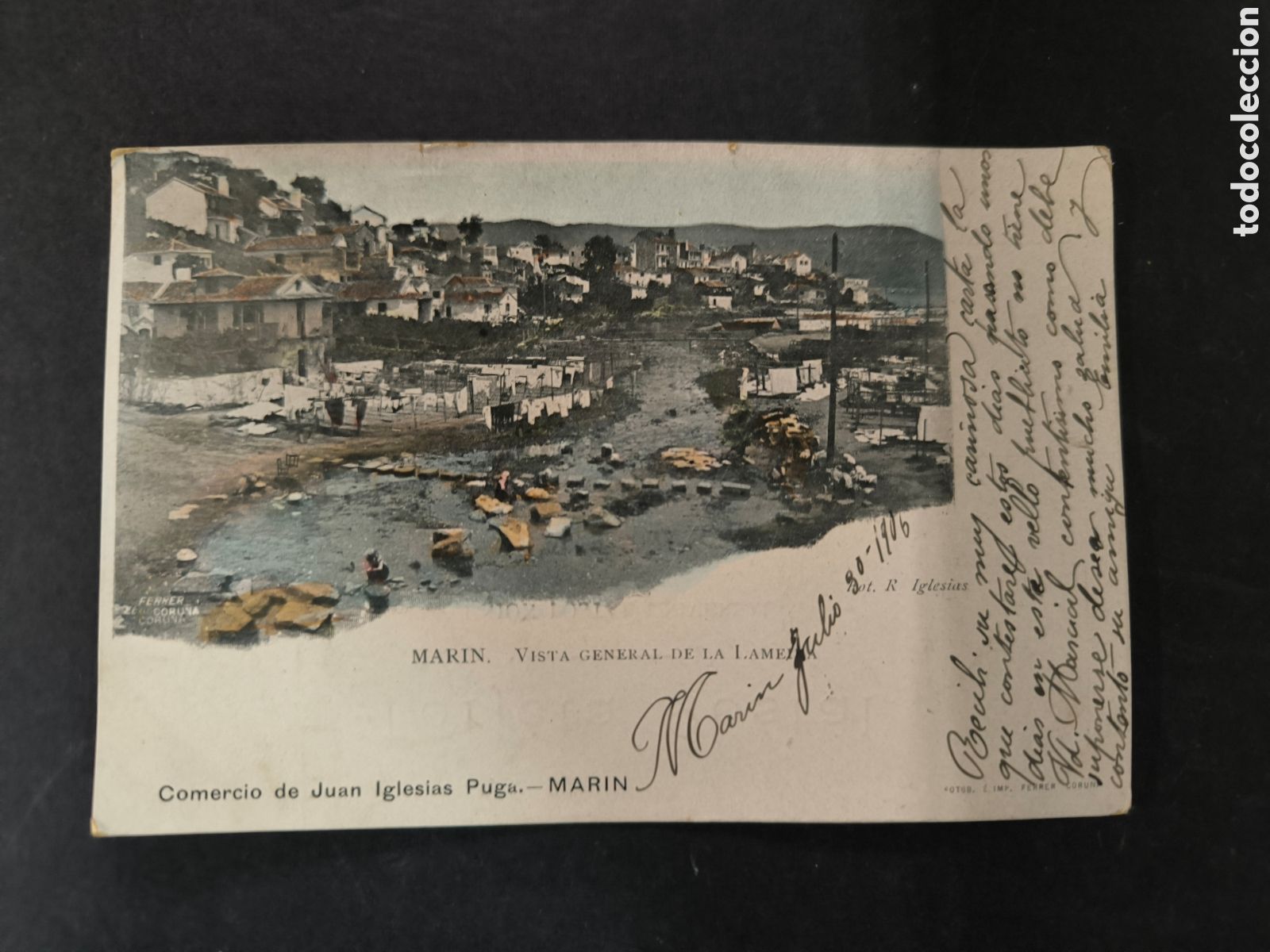 Postales: Postal de Mar&iacute;n, vista general de la lameira. Circulada en 1906, sin dividir. Pontevedra, Galicia.