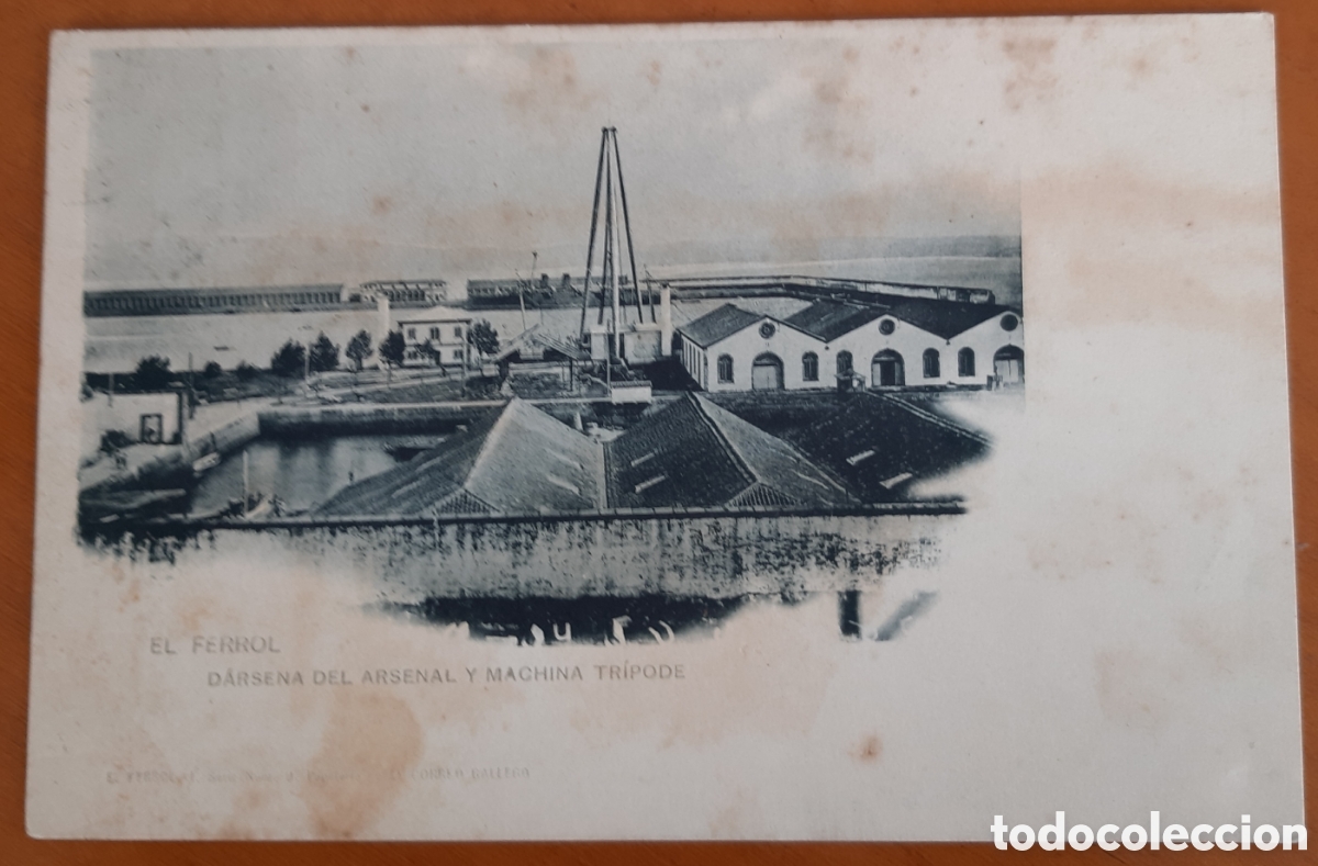 Postales: Postal El Ferrol La Coru&ntilde;a. D&aacute;rsena del Arsenal y M&aacute;quina Tr&iacute;pode. Escrita y circulada. R27A