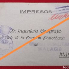 Postales: BENALUP DE SIDONIA A MÁLAGA. POSTAL ESTACIÓN SISMOLOGICA. FRANQUICIA POSTAL Y CENSURA MALAGA, 1937. Lote 318225953