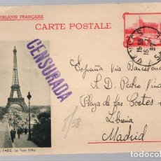 Postales: TARJETA POSTAL CENSURA MILITAR GUERRA CIVIL. DE PARIS A MADRID. AÑO 1937. Lote 364689286