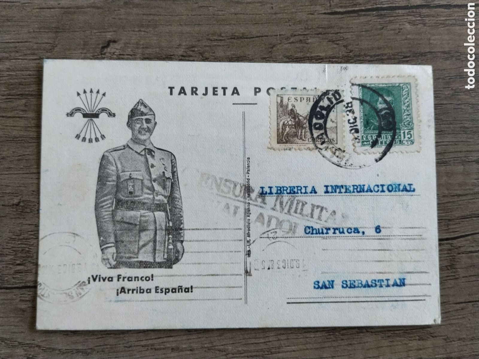 Postales: Postal circulada guerra civil bando nacional.caudillo franco.falange.censura militar.vi&ntilde;etas patriot